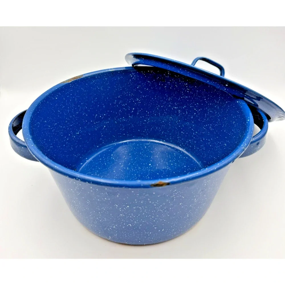 Vintage Farmhouse Royal Blue Speckled Enamel Stock Pot Graniteware Distressed